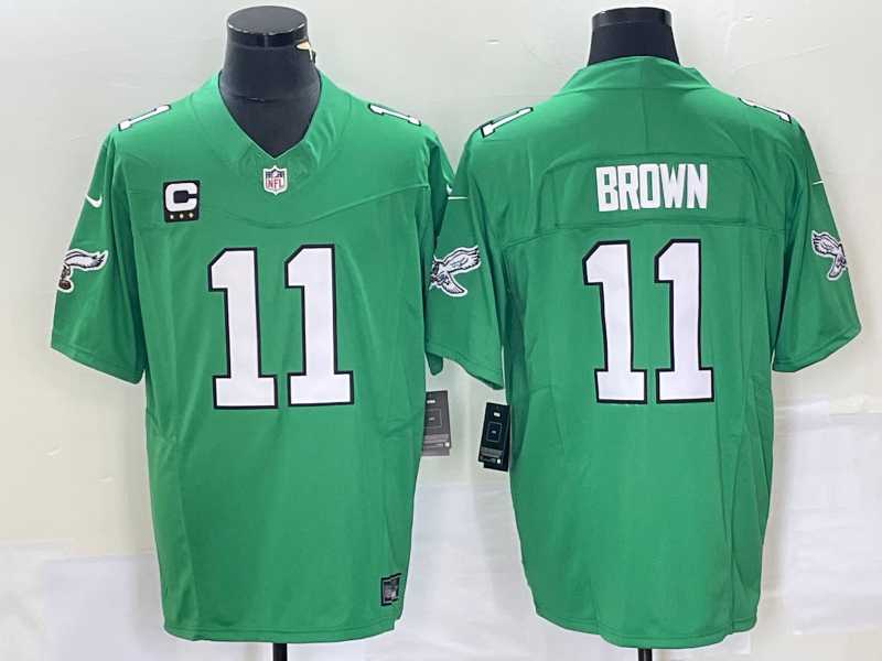 Mens Philadelphia Eagles #11 AJ Brown Green C Patch 2023 FUSE Vapor Limited Throwback Stitched Jersey
